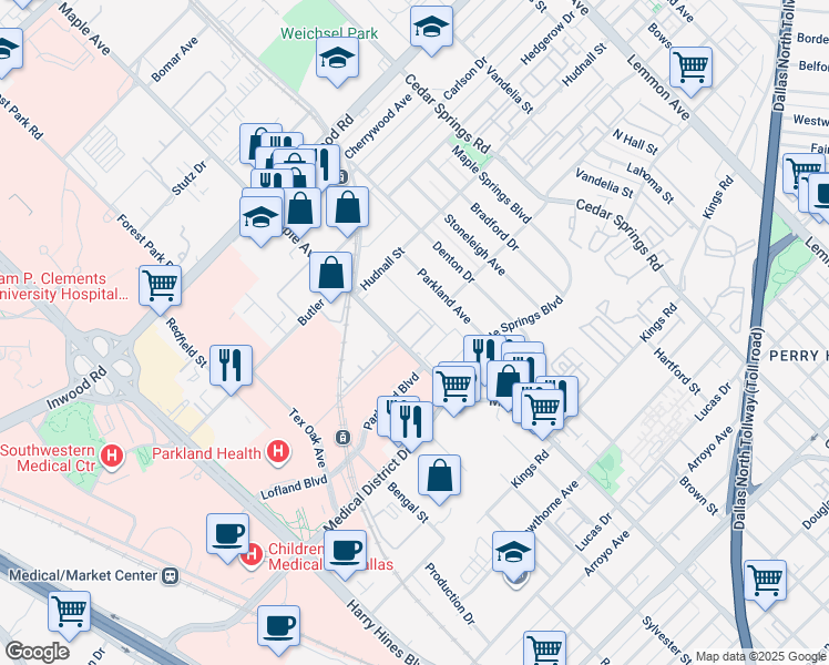 map of restaurants, bars, coffee shops, grocery stores, and more near 5225 Fleetwood Oaks Avenue in Dallas