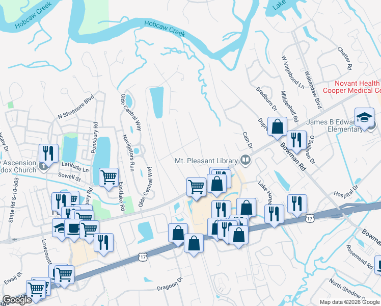 map of restaurants, bars, coffee shops, grocery stores, and more near 709 Kent Street in Mount Pleasant