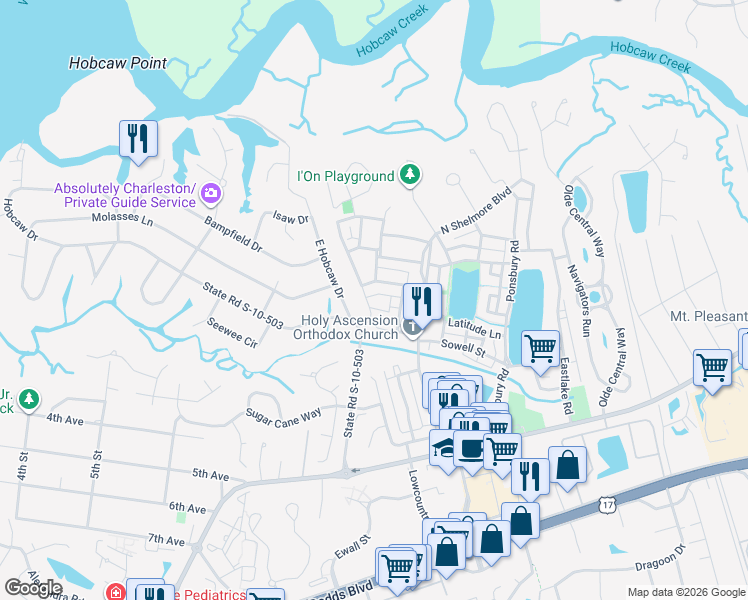 map of restaurants, bars, coffee shops, grocery stores, and more near 93 Jane Jacobs Street in Mount Pleasant