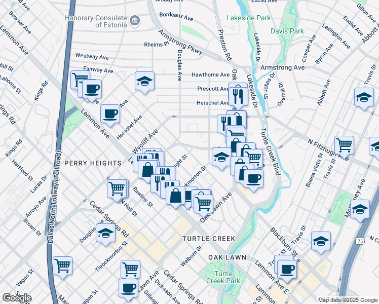 map of restaurants, bars, coffee shops, grocery stores, and more near Gilbert Avenue in Dallas