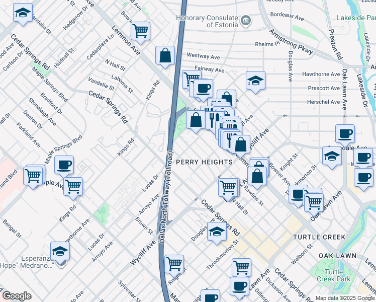 map of restaurants, bars, coffee shops, grocery stores, and more near 4439 North Hall Street in Dallas