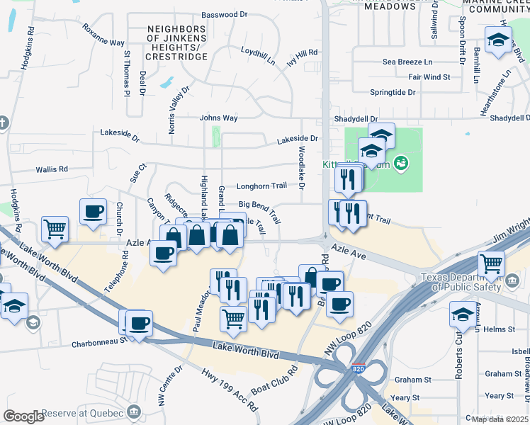 map of restaurants, bars, coffee shops, grocery stores, and more near 4117 Big Bend Trail in Fort Worth