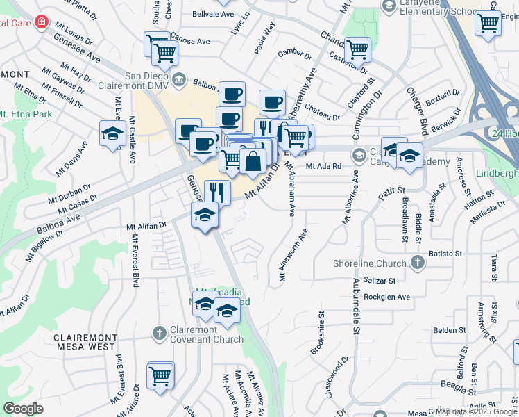map of restaurants, bars, coffee shops, grocery stores, and more near 3884 Caminito Aguilar in San Diego