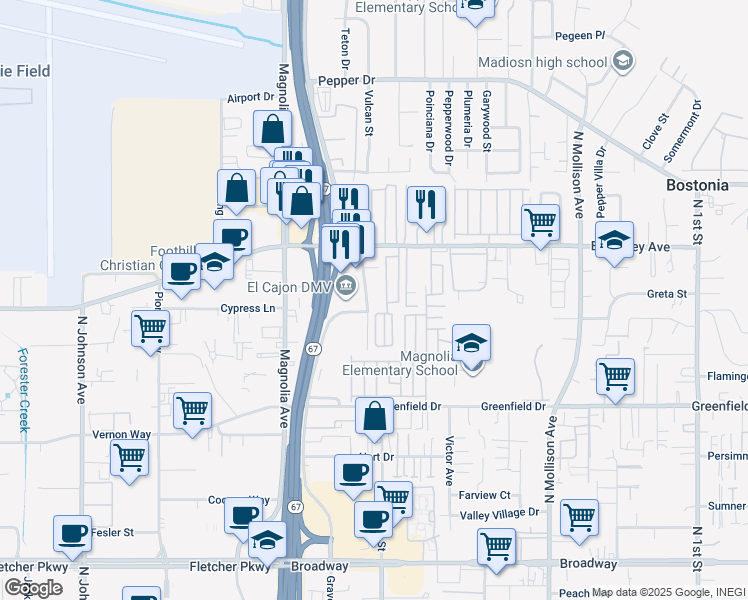 map of restaurants, bars, coffee shops, grocery stores, and more near 1475 Graves Avenue in El Cajon