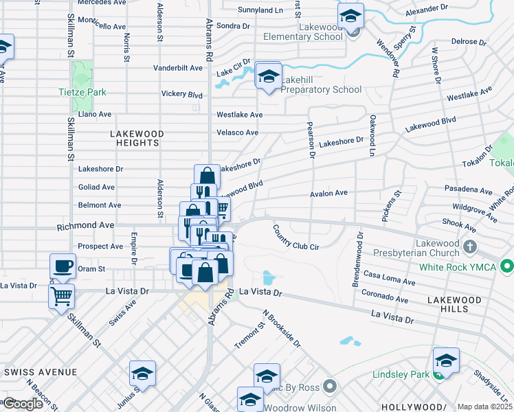 map of restaurants, bars, coffee shops, grocery stores, and more near 6602 Avalon Avenue in Dallas