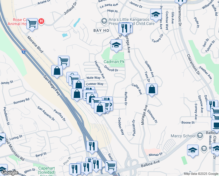 map of restaurants, bars, coffee shops, grocery stores, and more near 4132 Avati Drive in San Diego