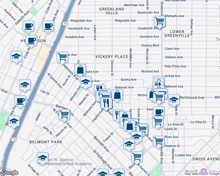 map of restaurants, bars, coffee shops, grocery stores, and more near 5333 Belmont Avenue in Dallas