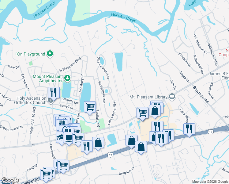map of restaurants, bars, coffee shops, grocery stores, and more near 234 Little Palm Loop in Mount Pleasant
