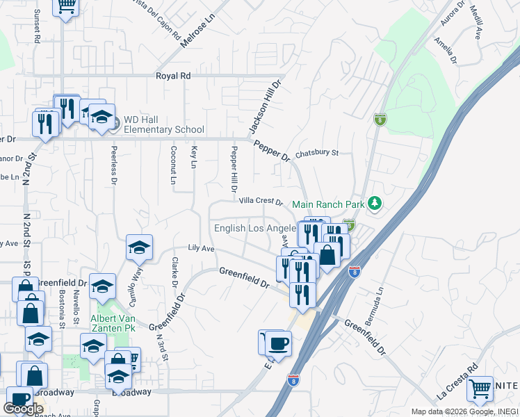 map of restaurants, bars, coffee shops, grocery stores, and more near 1616 Zephyr Avenue in El Cajon