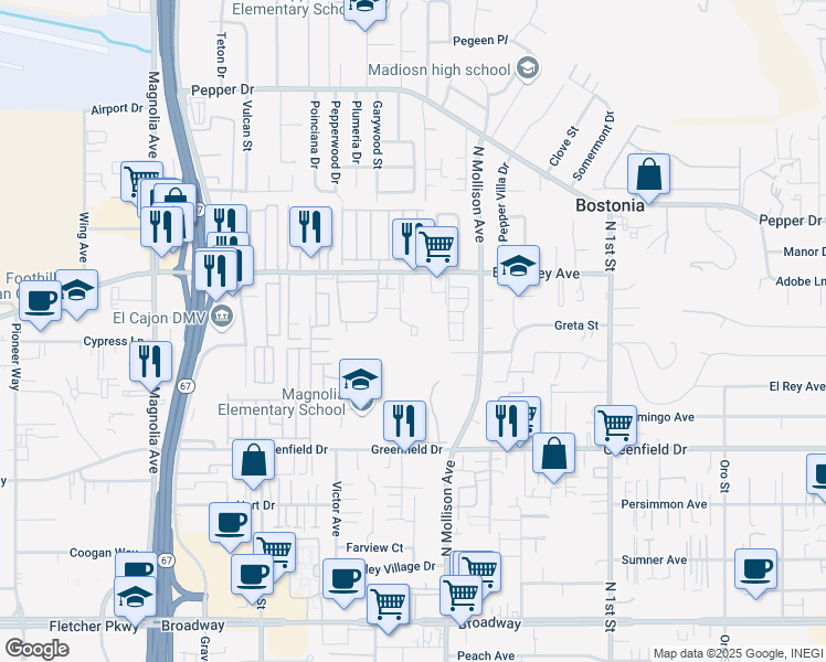 map of restaurants, bars, coffee shops, grocery stores, and more near 1518 Sams Hill Road in El Cajon