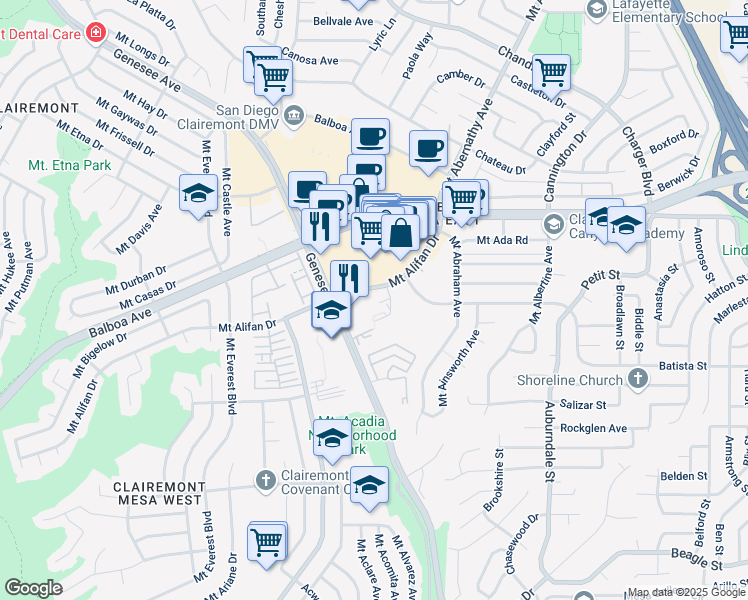 map of restaurants, bars, coffee shops, grocery stores, and more near 4113 Mount Alifan Drive in San Diego