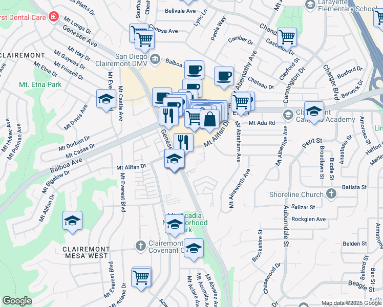 map of restaurants, bars, coffee shops, grocery stores, and more near 4089 Genesee Avenue in San Diego