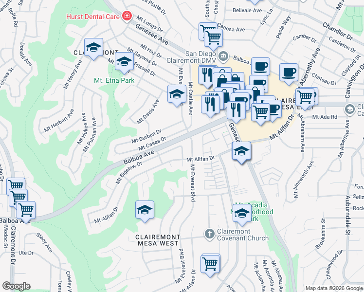 map of restaurants, bars, coffee shops, grocery stores, and more near 4159 Mount Bross Avenue in San Diego