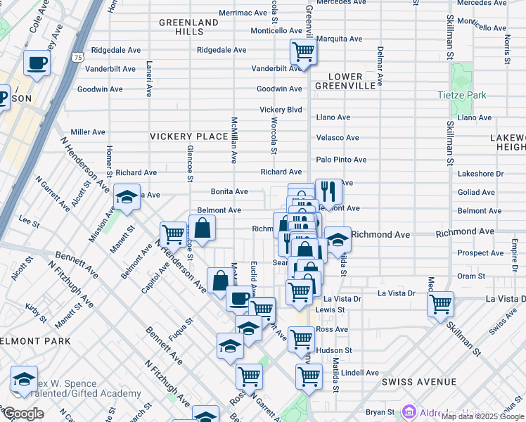 map of restaurants, bars, coffee shops, grocery stores, and more near 5552 Belmont Avenue in Dallas