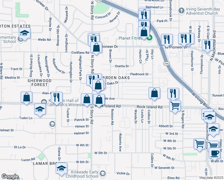 map of restaurants, bars, coffee shops, grocery stores, and more near 340 Brown Drive in Irving