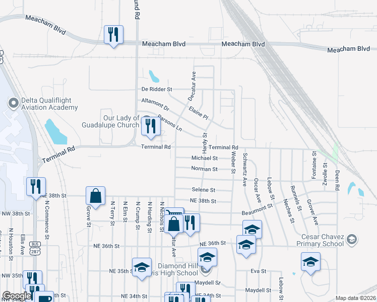 map of restaurants, bars, coffee shops, grocery stores, and more near 1405 Michael Street in Fort Worth