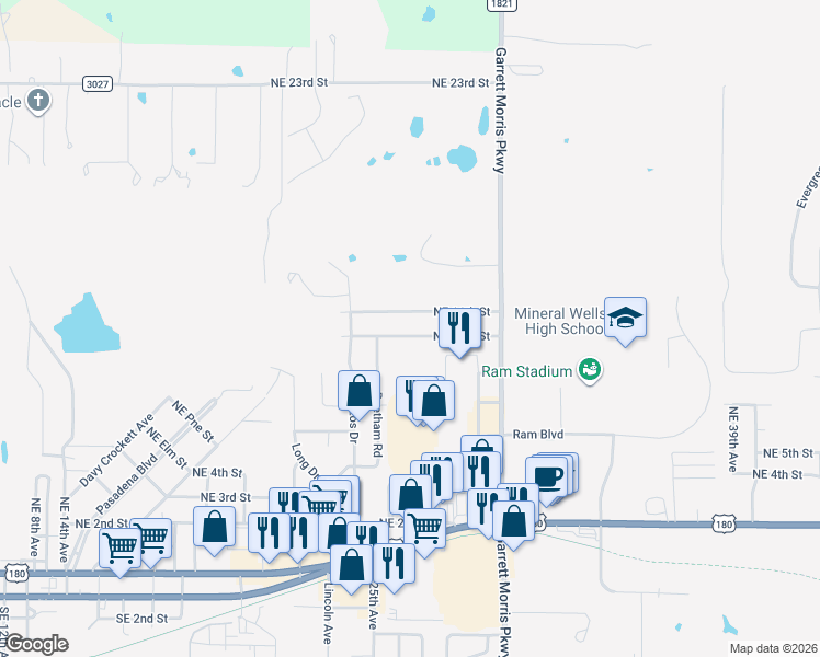 map of restaurants, bars, coffee shops, grocery stores, and more near 3103 Northeast 10th Street in Mineral Wells