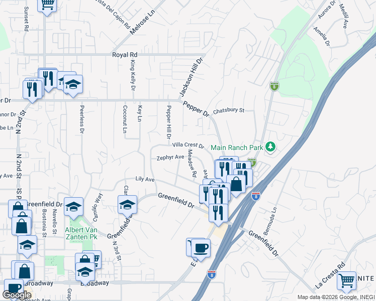map of restaurants, bars, coffee shops, grocery stores, and more near 1616 Zephyr Avenue in El Cajon