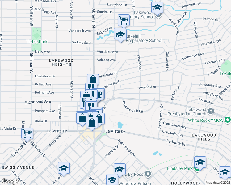 map of restaurants, bars, coffee shops, grocery stores, and more near 6602 Avalon Avenue in Dallas