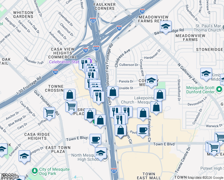 map of restaurants, bars, coffee shops, grocery stores, and more near 3865 Childress Avenue in Mesquite