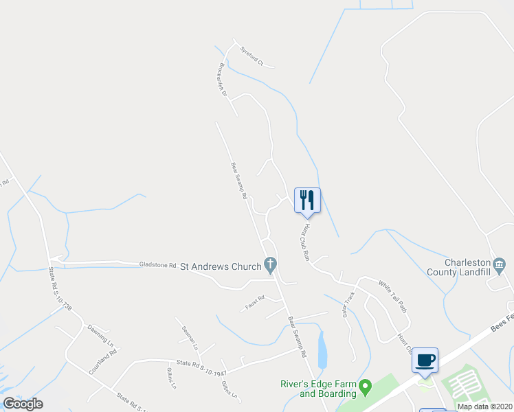 map of restaurants, bars, coffee shops, grocery stores, and more near 1122 Idbury Lane in Charleston