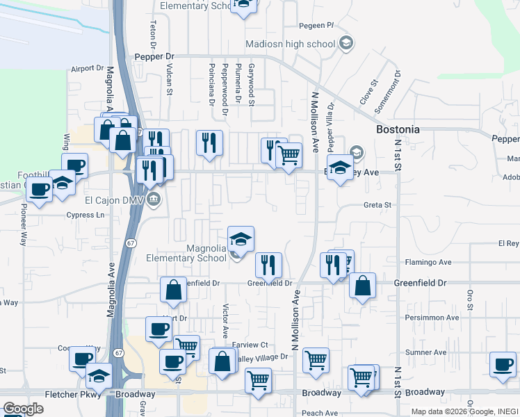 map of restaurants, bars, coffee shops, grocery stores, and more near 1518 Sams Hill Road in El Cajon