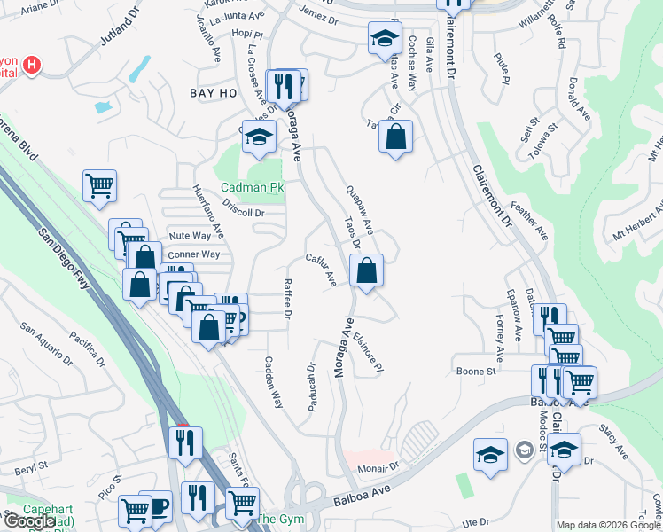 map of restaurants, bars, coffee shops, grocery stores, and more near 4166 Moraga Avenue in San Diego