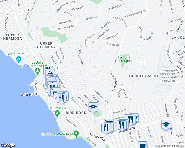 map of restaurants, bars, coffee shops, grocery stores, and more near 918 Sandpiper Place in San Diego