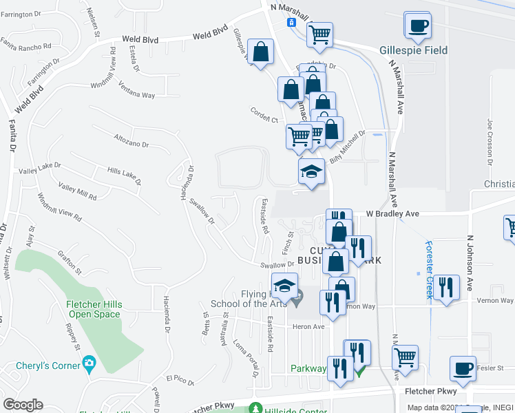 map of restaurants, bars, coffee shops, grocery stores, and more near 1615 Honey Hill Road in El Cajon