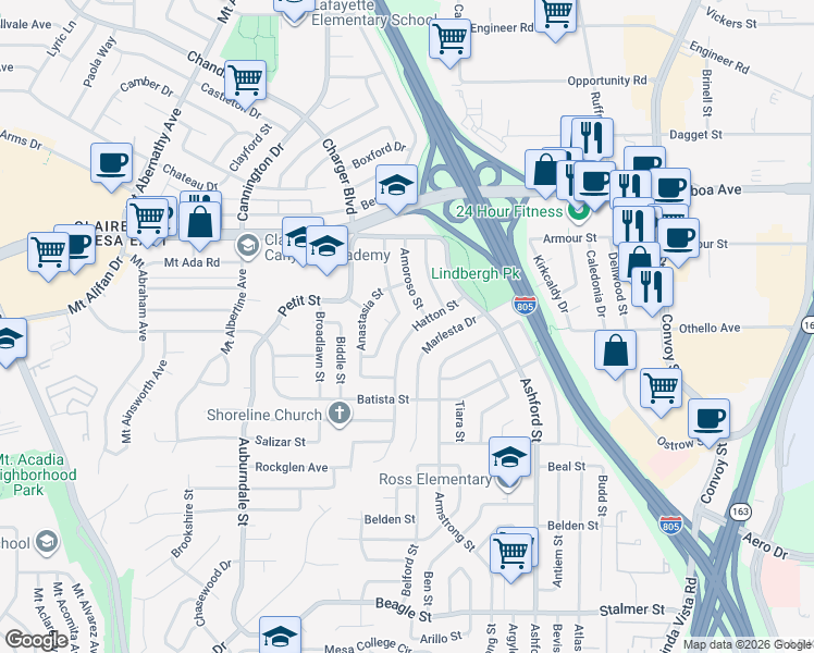 map of restaurants, bars, coffee shops, grocery stores, and more near 4018 Hatton Street in San Diego
