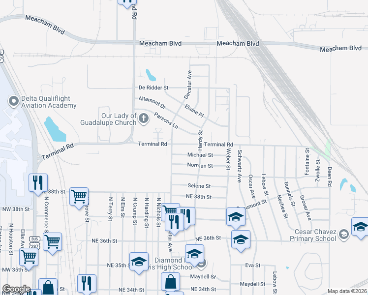 map of restaurants, bars, coffee shops, grocery stores, and more near 1405 Michael Street in Fort Worth