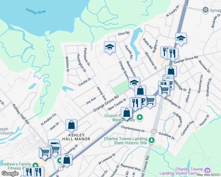 map of restaurants, bars, coffee shops, grocery stores, and more near 104 Royal Palm Boulevard in Charleston
