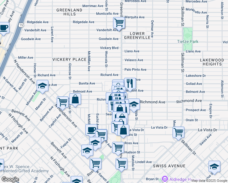 map of restaurants, bars, coffee shops, grocery stores, and more near in Dallas