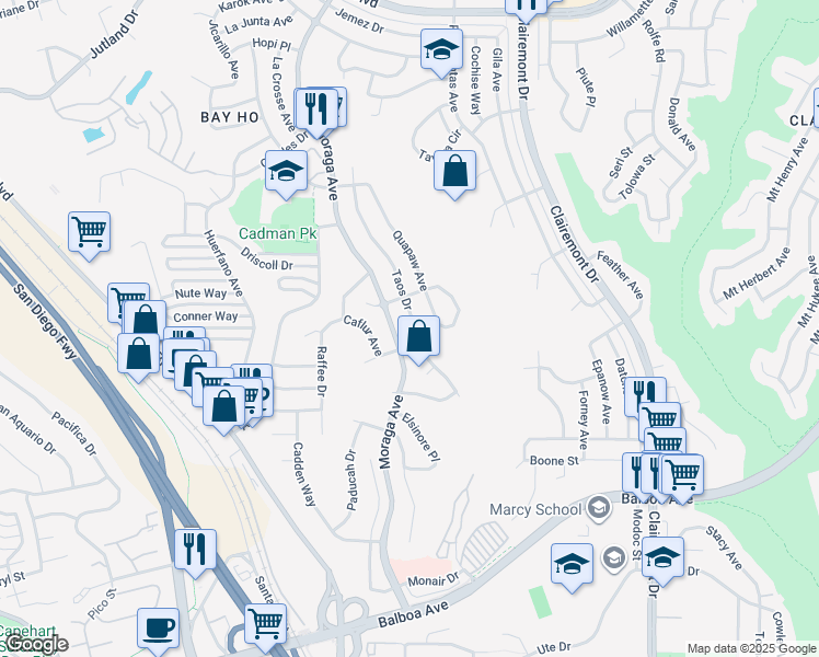 map of restaurants, bars, coffee shops, grocery stores, and more near 4150 Taos Drive in San Diego
