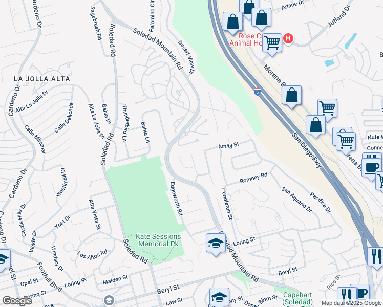 map of restaurants, bars, coffee shops, grocery stores, and more near 4025 Soledad Rancho Road in San Diego
