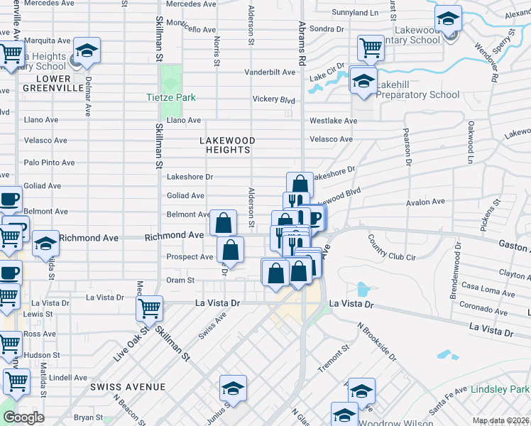 map of restaurants, bars, coffee shops, grocery stores, and more near 6334 Belmont Avenue in Dallas