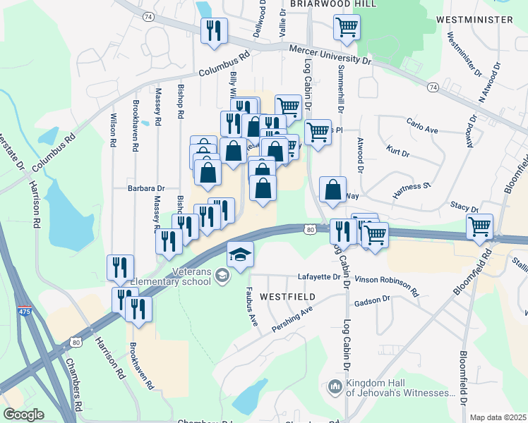 map of restaurants, bars, coffee shops, grocery stores, and more near 4676 Presidential Parkway in Macon