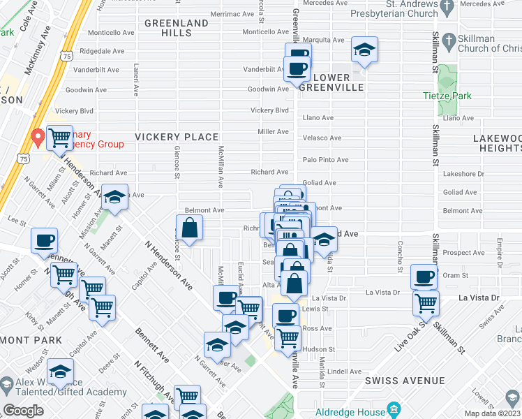 map of restaurants, bars, coffee shops, grocery stores, and more near 5609 Belmont Avenue in Dallas