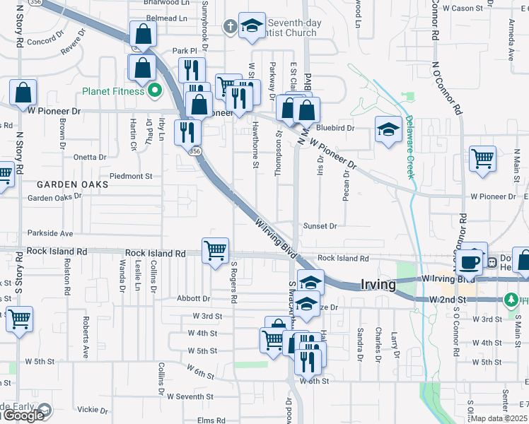 map of restaurants, bars, coffee shops, grocery stores, and more near 1311 West Irving Boulevard in Irving