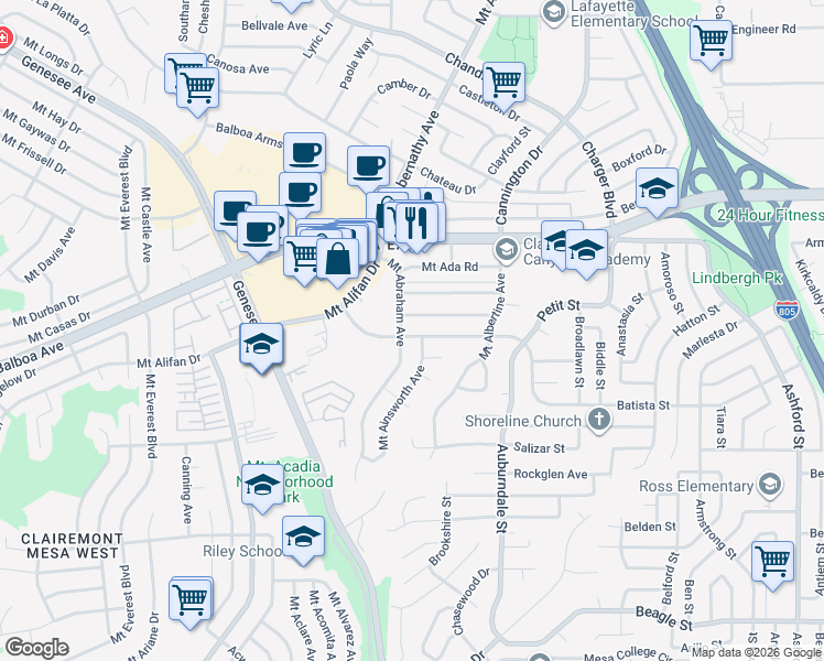 map of restaurants, bars, coffee shops, grocery stores, and more near 6222 Mount Aguilar Drive in San Diego