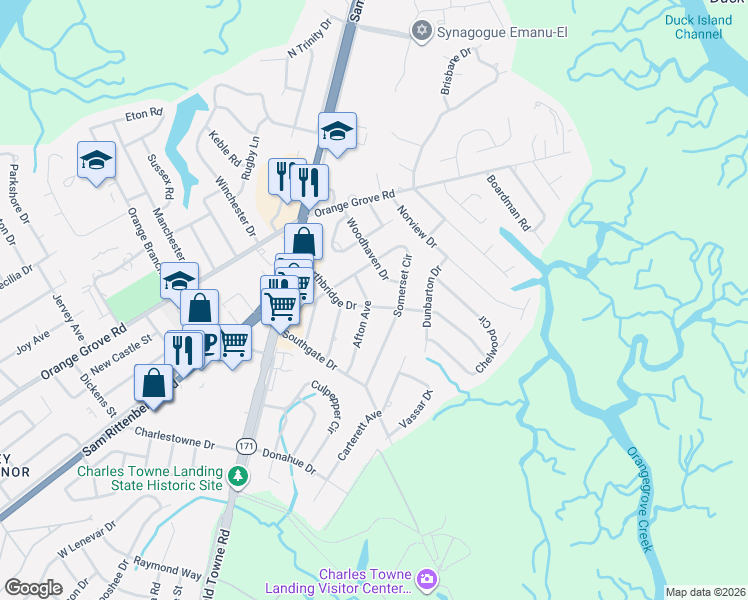 map of restaurants, bars, coffee shops, grocery stores, and more near 1111 Northbridge Drive in Charleston