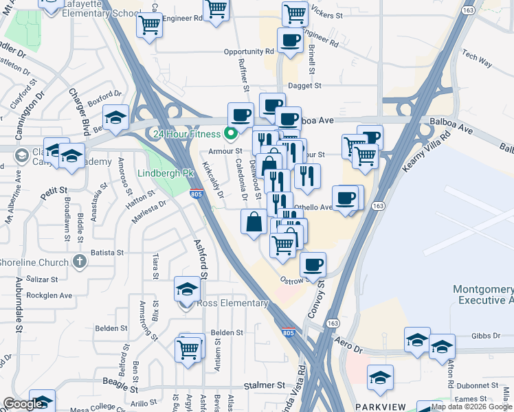 map of restaurants, bars, coffee shops, grocery stores, and more near 4106 Dellwood Street in San Diego