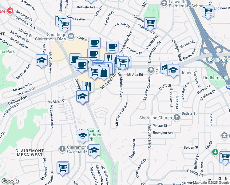 map of restaurants, bars, coffee shops, grocery stores, and more near 3882 Caminito Aguilar in San Diego