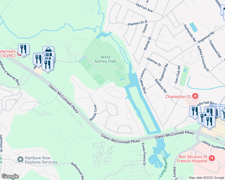 map of restaurants, bars, coffee shops, grocery stores, and more near 1690 Wayah Drive in Charleston