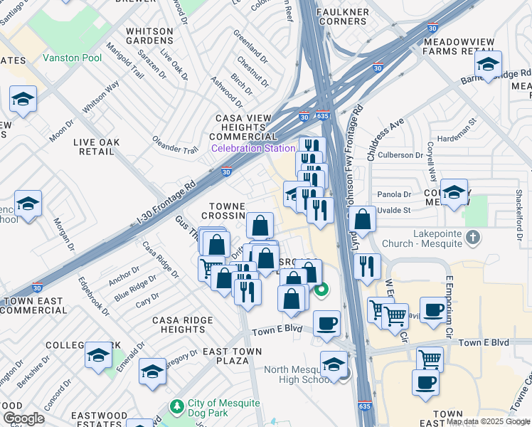 map of restaurants, bars, coffee shops, grocery stores, and more near 2333 Driftwood Drive in Mesquite