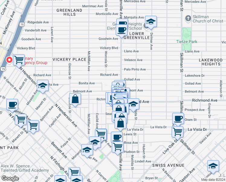 map of restaurants, bars, coffee shops, grocery stores, and more near in Dallas
