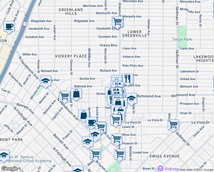map of restaurants, bars, coffee shops, grocery stores, and more near 5552 Belmont Avenue in Dallas
