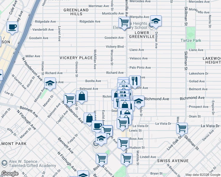 map of restaurants, bars, coffee shops, grocery stores, and more near 5552 Belmont Avenue in Dallas