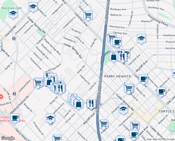 map of restaurants, bars, coffee shops, grocery stores, and more near 4605 Raleigh Street in Dallas
