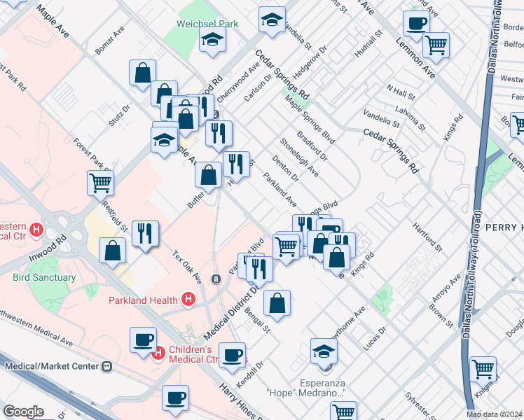map of restaurants, bars, coffee shops, grocery stores, and more near 5225 Fleetwood Oaks Avenue in Dallas